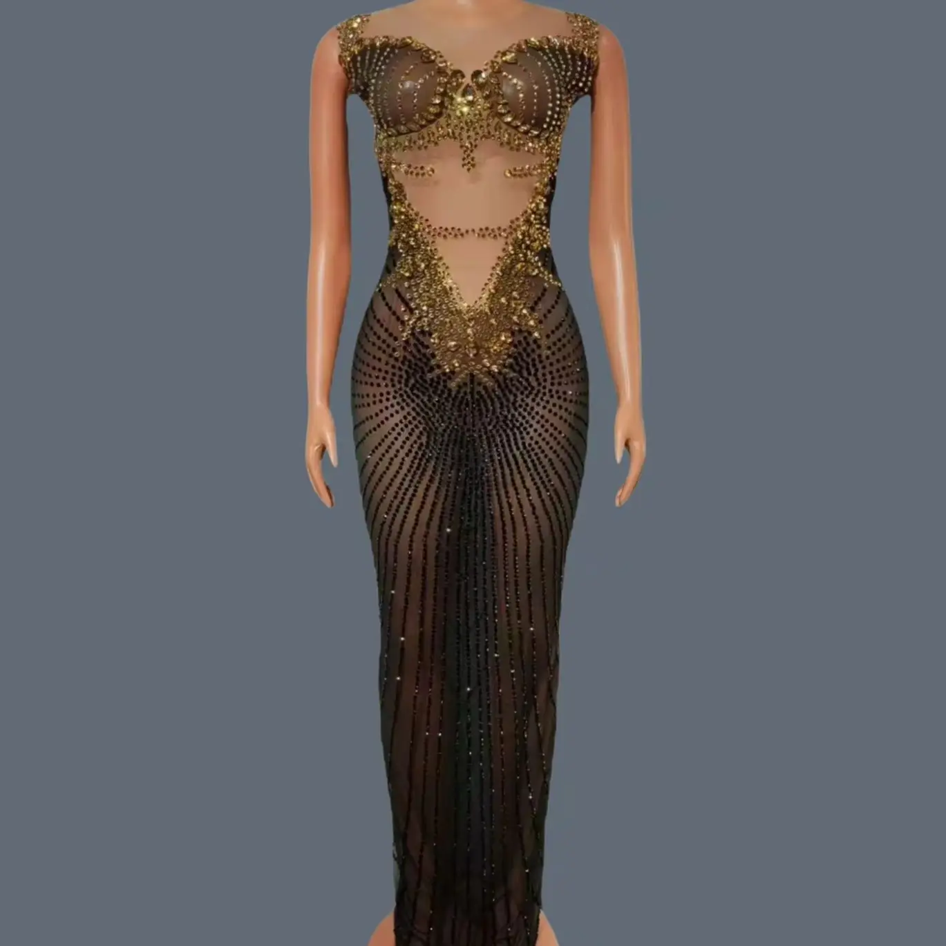 

High-end Crystals Sexy See Through Mesh Evening Dress Women Black Long Dresses Birthday Celebrate Party Photo Shoot Wear Kejin