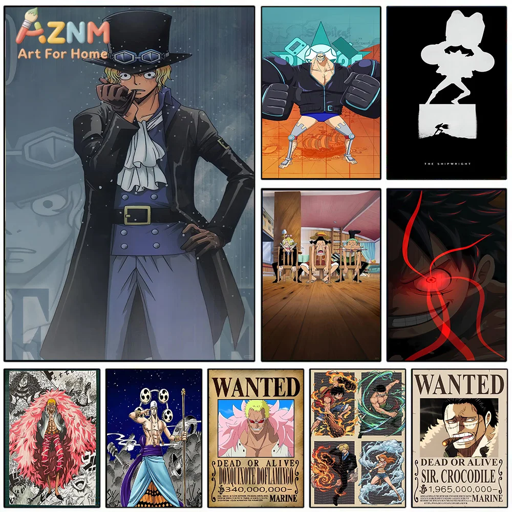 AZNM One Piece Anime Canvas Wall Art Sabo Franky Doflamingo Crocodile HD Print Frameless Painting Japanese Manga Modern Home Bed