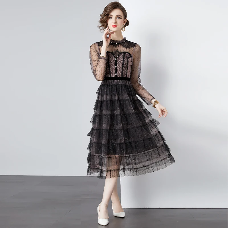 New Runway Elegant Spring Ruffles Cake Party Dress 2024 French Women Stand Collar Diamonds Mesh Dot Patchwork Lace Long Clothes