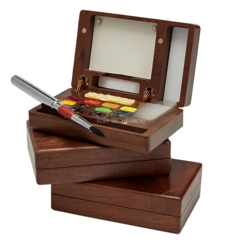 Travel Painting Box Solid Wood Paint Box Portable Art Palette Outdoor Student Sketching Professional 12Grid Color Palette Set