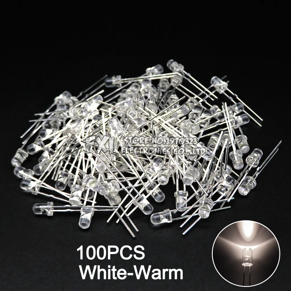 100PCS F3 LED Diode 3MM Sortiertes Kit Weiß Grün Rot Blau Gelb Orange Rosa Lila Warmweiß DIY Kit Leuchtdiode bxv