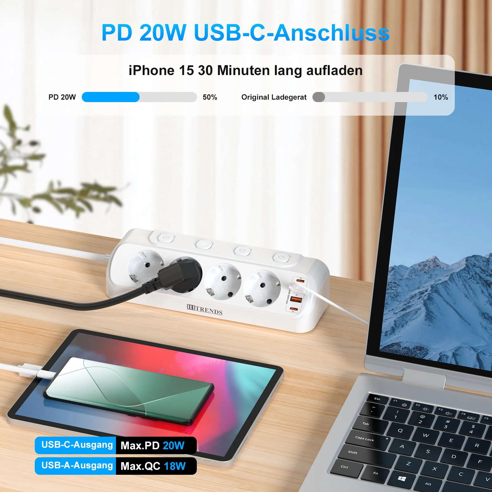 Eu Plug Multi-function power board 2 USB-A and 2USB-C Fast charging power adapters 2 m extension cord Independent switch White