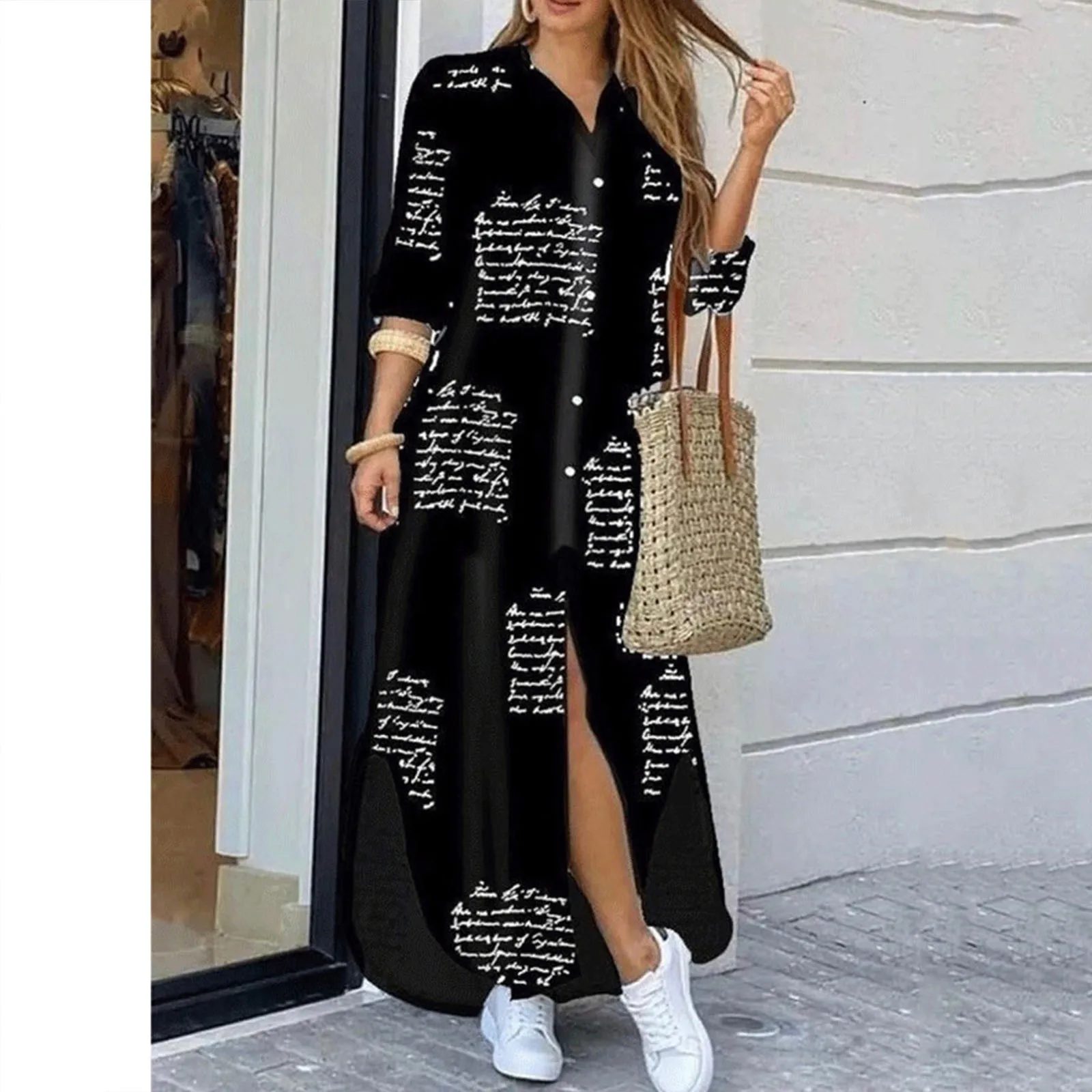 

Cardigan Dress Casual Irregular Women Maxi Dress Summer Letter V-Neck Long Sleeve Ladies Dress Button Holiday Vintage Streetwear