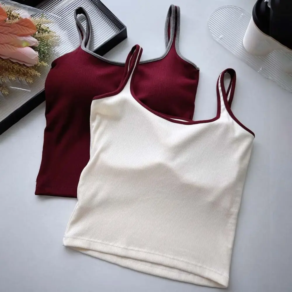 

Spicy Girl Style Y2k Slim Crop Top Square Neck Patchwork Women's Pinstripe Vest Streetwear Undershirt Camisole with Pads Beach
