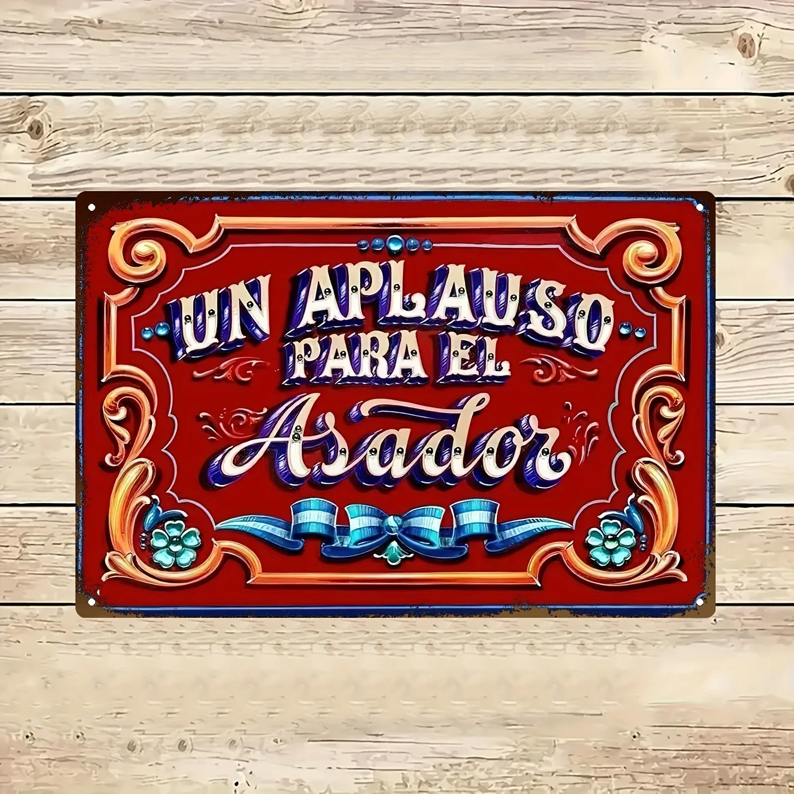 - Letrero de pared de metal vintage "Un Applause para el Asado" - Decoración de barbacoa española, estilo retro de granja con borde adornado, flor
