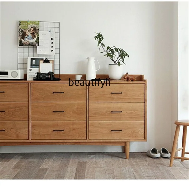 Nordic Solid Wood Sideboard Simple Nine-Drawer Cabinet Large Capacity Locker Living Room Display Cabinet Lobby Entrance Cabinet