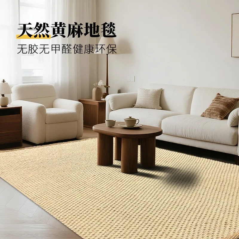 Round jute woven carpet, Nordic style living room coffee table bedroom floor mat, handmade cotton and linen household