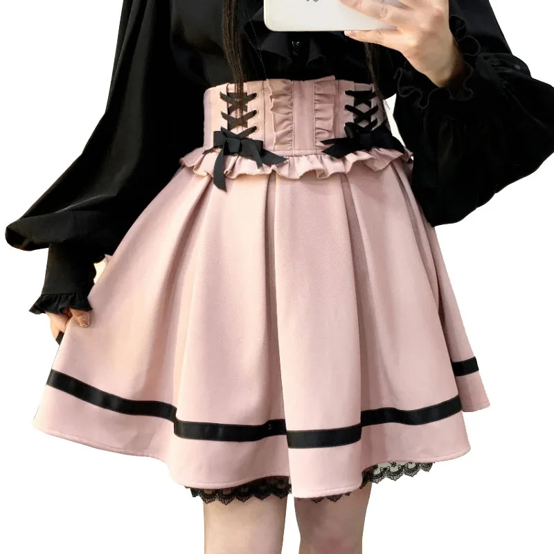 Japanse Gothic Y 2K Lolita Rok Vrouwen Elegante Zoete Kanten Ruches Lint Bandage Mini Rokken Meisjes Sexy Schattige Punk Party Rok