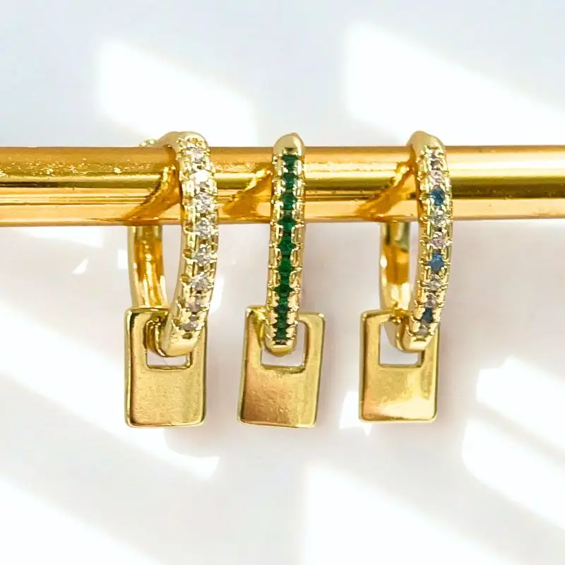 

925 Sterling Silver Needle Vintage Simple Square Pendant Earrings Colorful Zircon Hoop Earrings For Women Fashion Jewelry