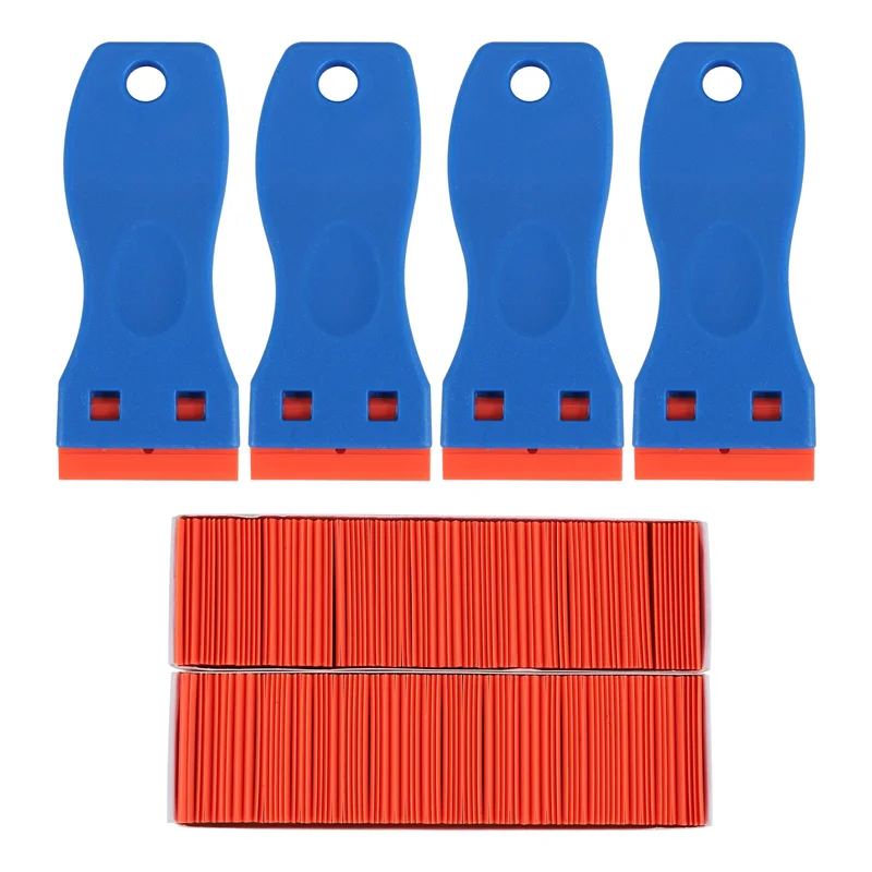 ABAG 4 Pcs Plastic Razor Blade Scraper And 200 Pcs Blades, Remove Label Decal Tool For Stickers, Gaskets And Paints On Window