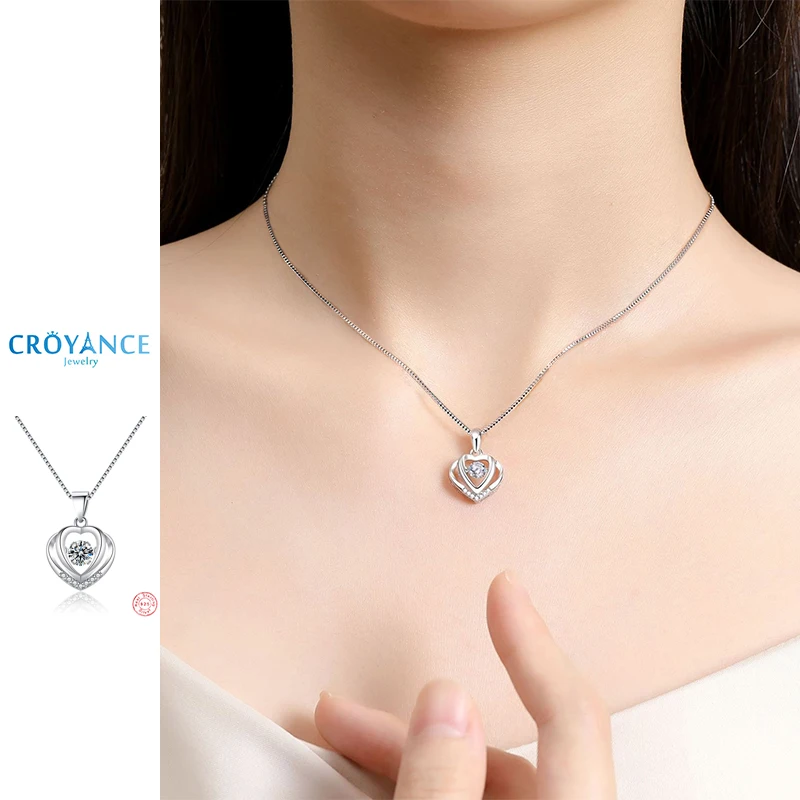 925 Sterling Silver Jewelry Fine Swing Will Dance Zircon Heart Pendant Necklace Women Birthday Gift Multiple Length Chain Choice