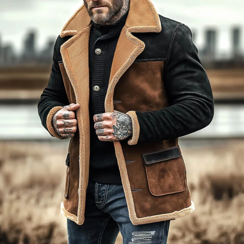 Outdoor Winter Suede Retro Thick Woolen Coats Men All Match Patchwork Lapel Collar Jackets Fashion Long Sleeve Lambwool Outwear