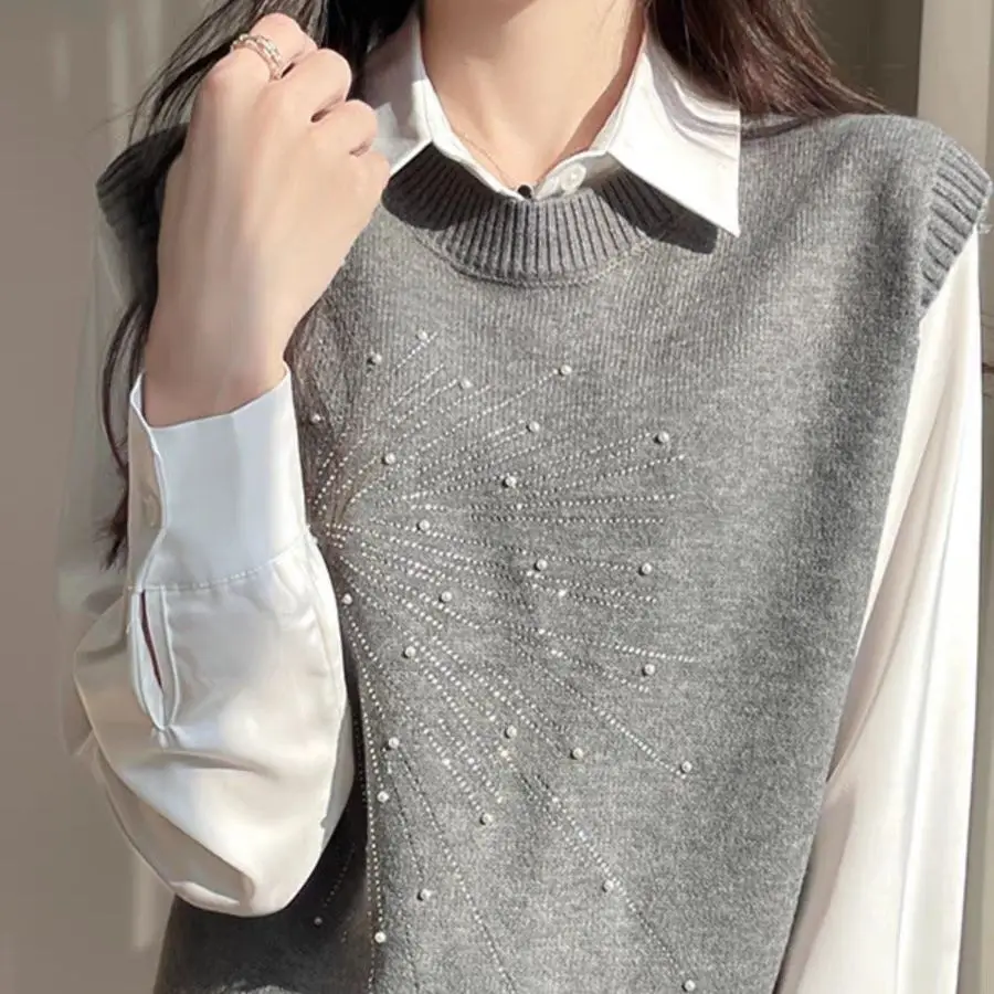 Bling Beading O-neck Knitted Vest 2025 Spring Autumn Sleeveless Knit Sweater Korean Style Female All-match Short Waistcoat