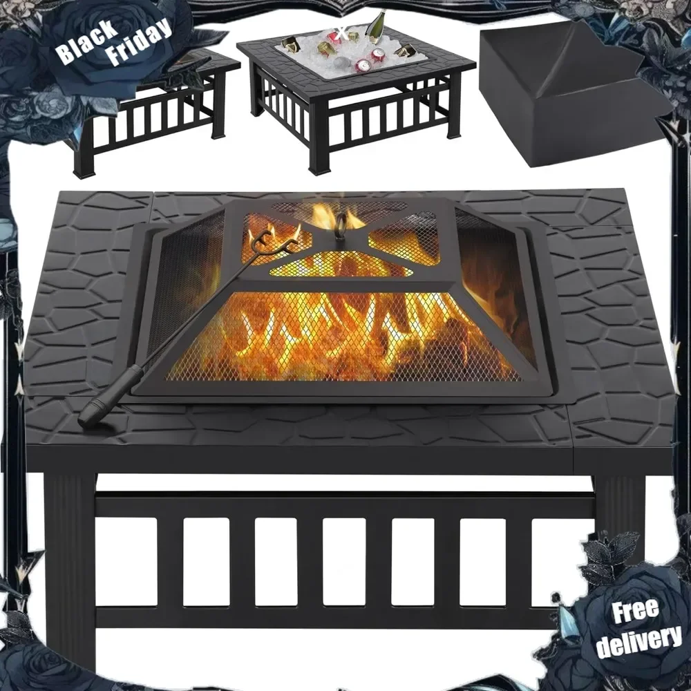 

Multifunctional Fire Pit Table 32in Square Metal Firepit Stove Backyard Patio Garden Fireplace for Camping