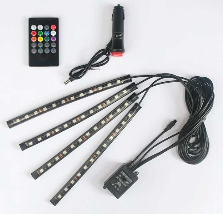 4 pcs in 9leds Multiple Modes Accessories Auto RGB Remote Interior 5050 Decorative LED Strip Atmosphere Car Lights Ride on Car