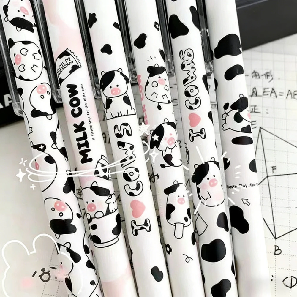 6Pcs Cute Cow Retractable Gel Pens 0.5mm Smooth Writing Cartoon Milk Cow Gel Pen Kawaii Stationery School Office Stationery