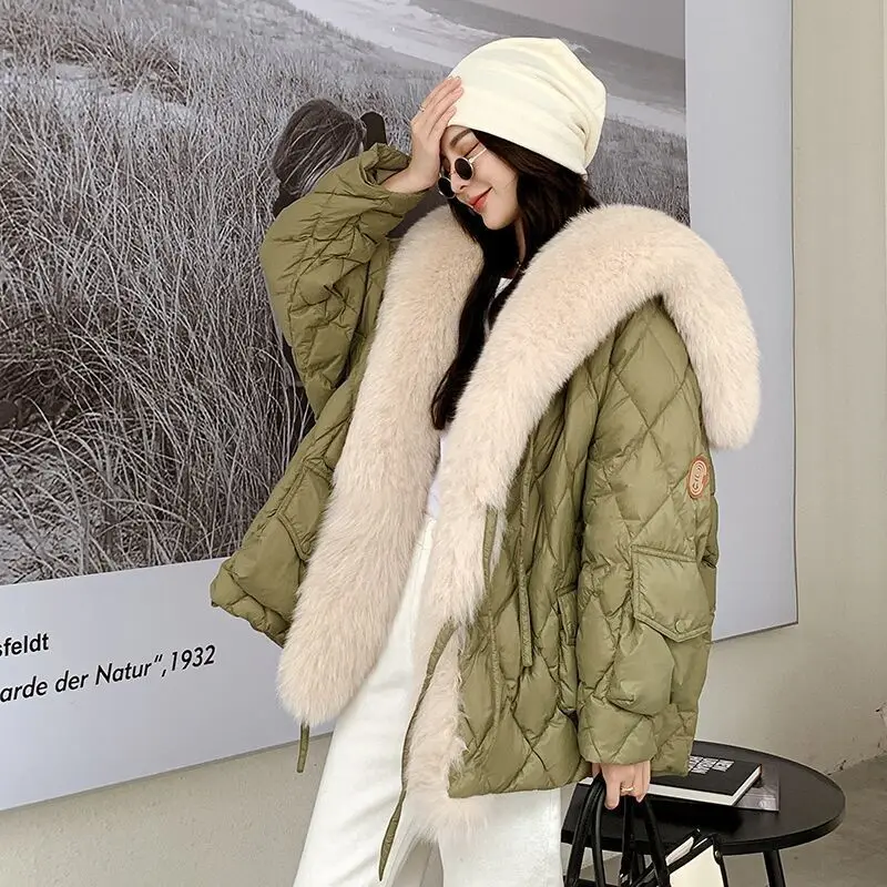 

2025 Winter New Large Faux Fox Collar Down Cotton Coat Fur Jacket Women Warm Mid-Length Style
