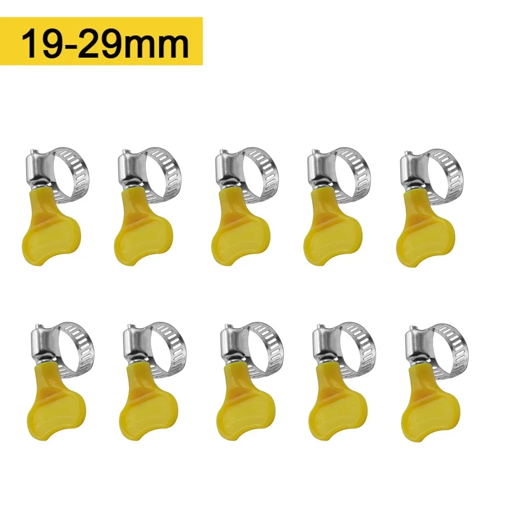 10PCS Stainless Steel Hose Clamp Adjustable Yellow Plastic Handle Hand Wriggle Hose Clamp Pipe Clip Fastening Pipes