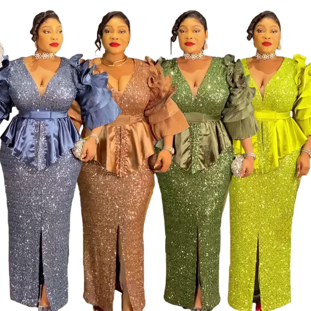 

Plus Size African Party Dresses for Women Dashiki Sequin Sexy Bodycon Slit Long Dress Elegant Outfit Muslim Wedding Evening Gown