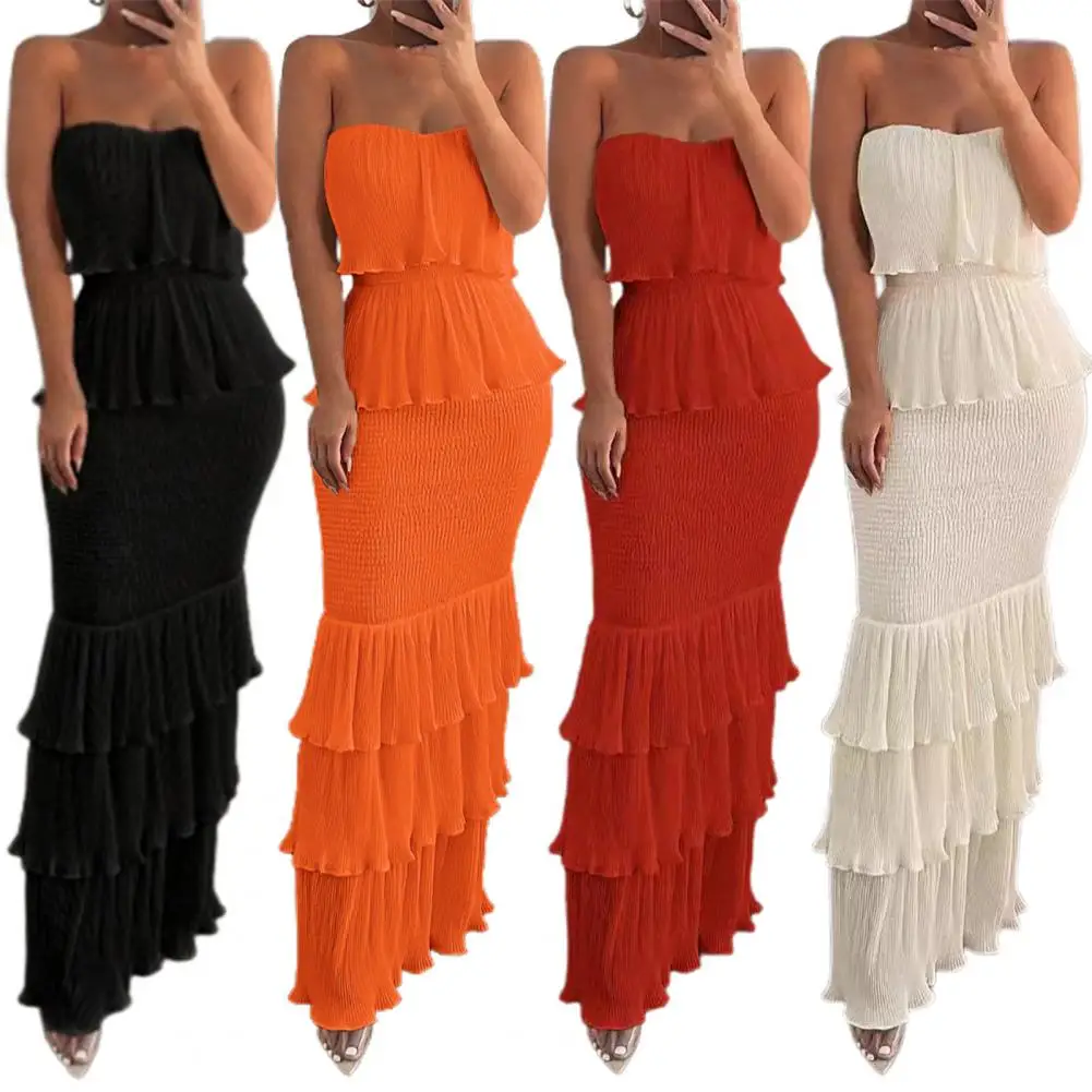 Banquet Long Dress Elegant Off Shoulder Maxi Dress Pleated Ruffle Backless for Cocktail Parties Banquets Proms Women Tube Top