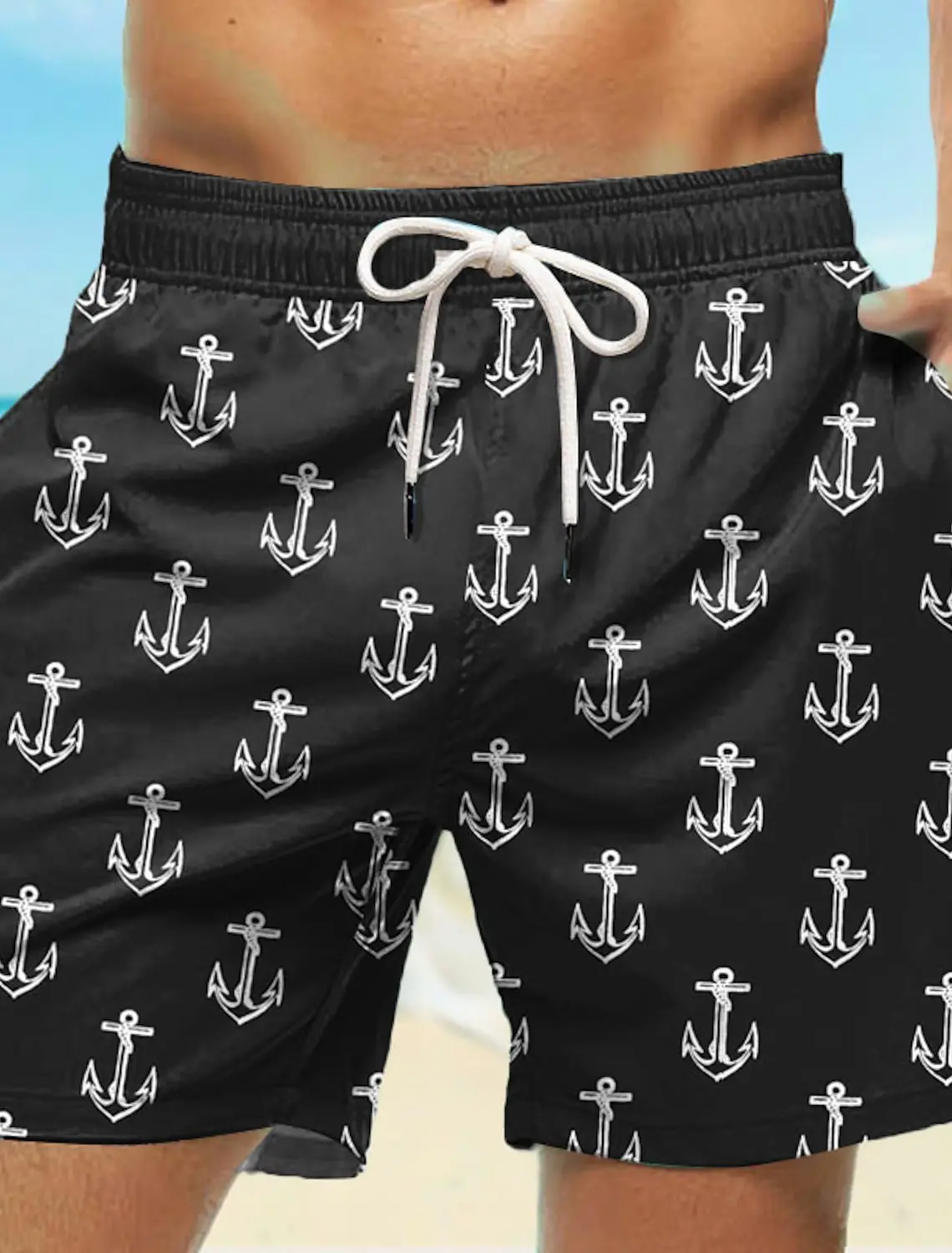 Pantalones cortos de baño para hombre, bañadores con cordón elástico de secado rápido, pantalones cortos de playa hawaianos informales, negro,