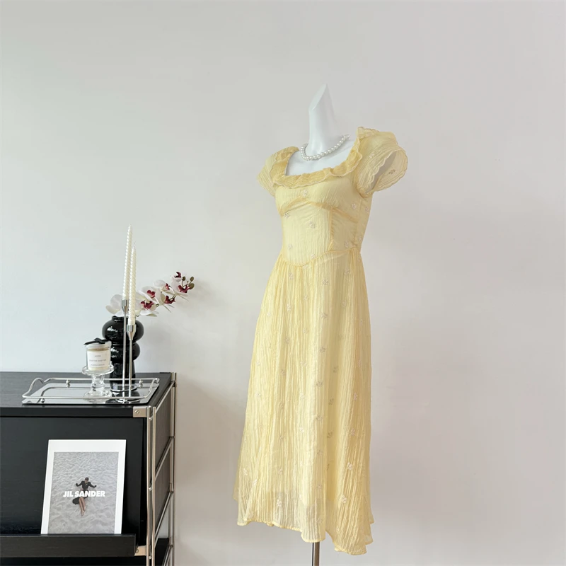 

Women Yellow A-line Dress 90s Vintage Elegant Square Collar Short Sleeve Long Dresses Y2k One Piece Frocks 2000s Clothes Summer