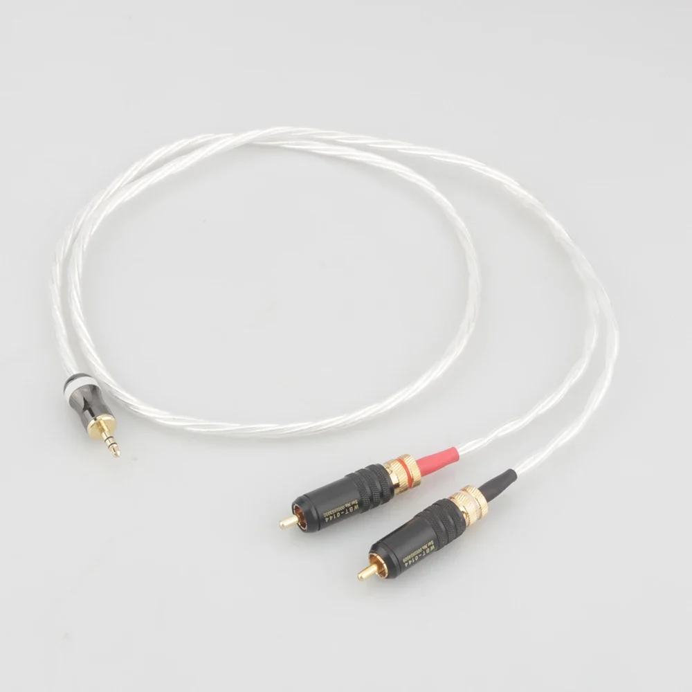 HIFI Audiophile Silver AUX 3.5mm Headset Plug to 2RCA Jack Audio Signal Line Computer and Audio Connection Cable