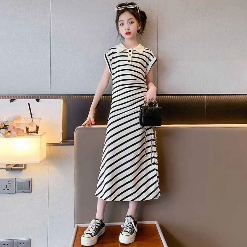 

Princess Children Stripe Long Dress Skirt Teenagers Summer Kids Dresses Short Sleeve Party Girls Stripe Dress Holiday