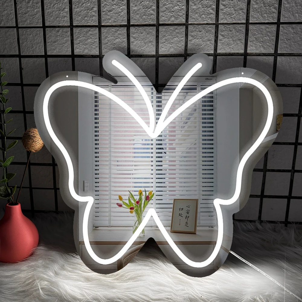 Butterfly Neon Sign with Mirror 16’’x14’’ Light up LED Butterfly Mirror for Girls Room, Dresser, Bedroom, Café, Bar, Party