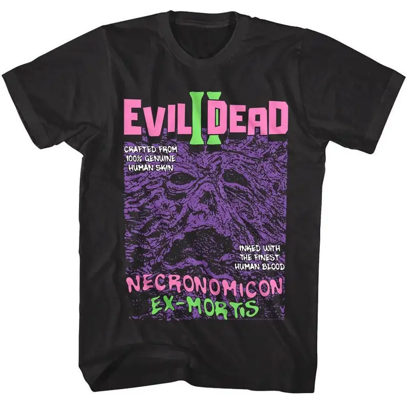 Evil Dead 2 T Shirt Neon Necronomicon Ex-Mortis Crafted from Human Skin Tees