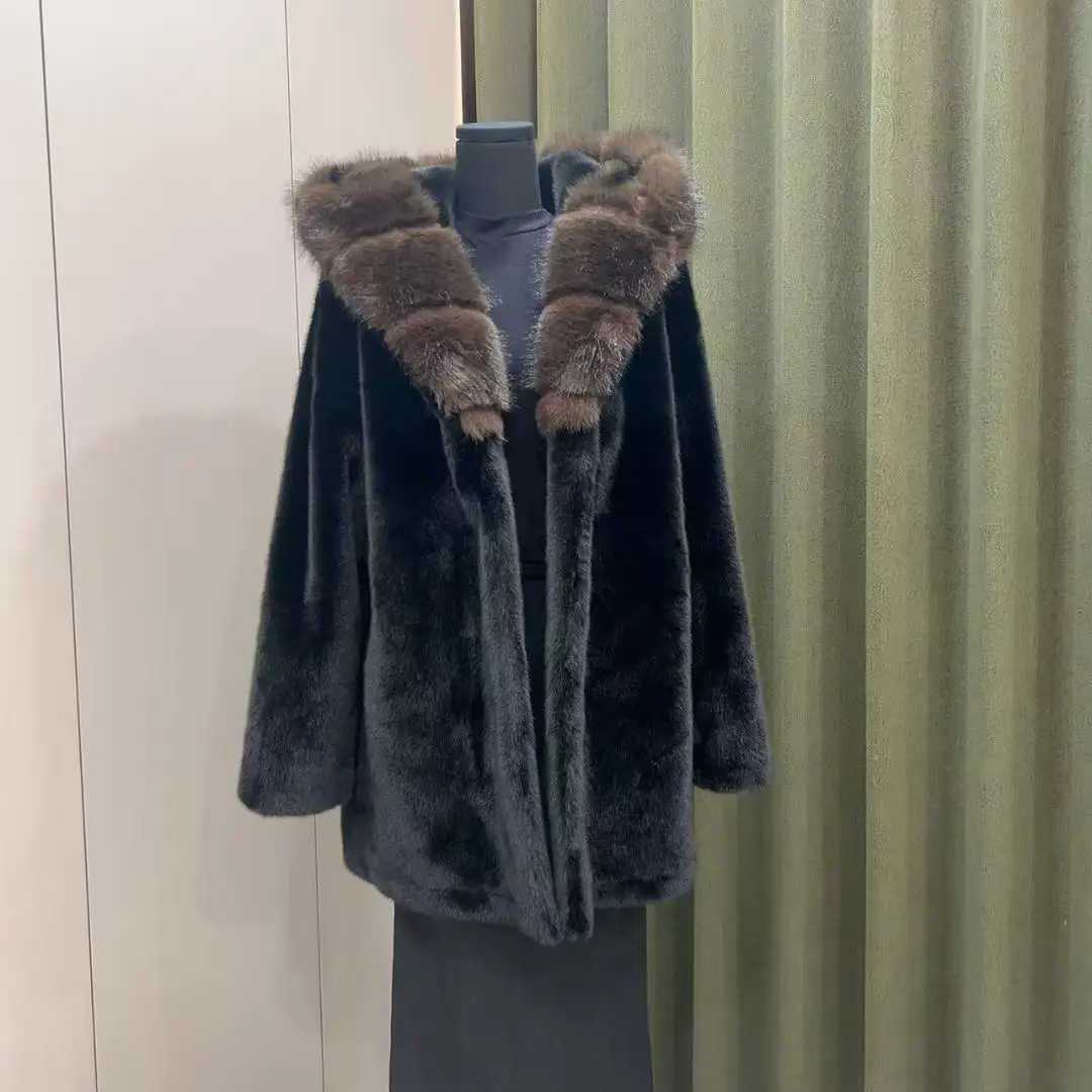 النساء فو الفراء منتصف طول معاطف جاكيتات معطف مقنع سميكة الدافئة Y2k الشارع الشهير سترة الدانتيل يصل العمل الأنيق الخريف الشتاء 2025