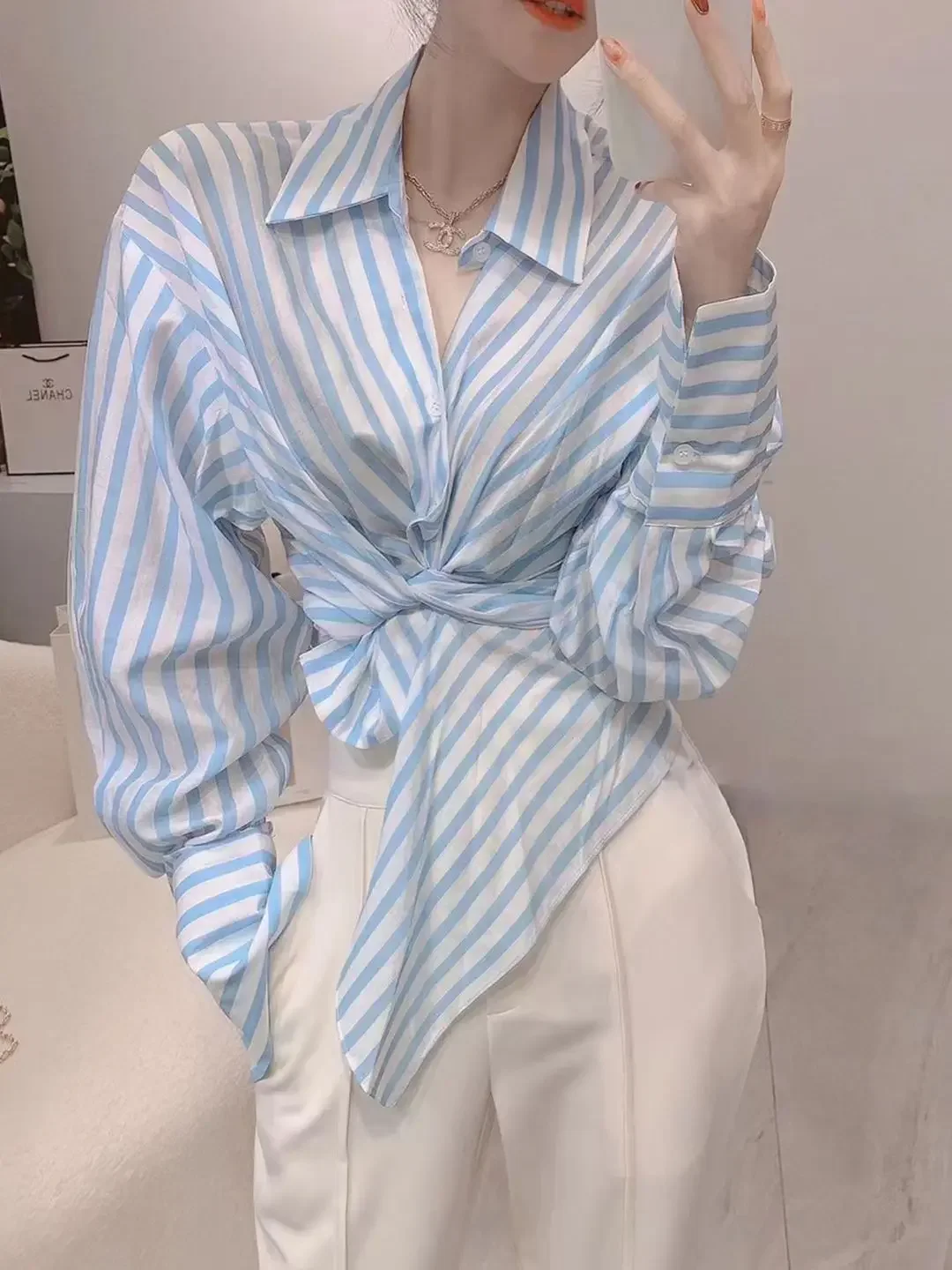 Women's Pants Two Piece Set Holiday Outfits Ladies Trouser Shirt Blue Blouse and Spring Autumn Stripe Aesthetic Groups of Co Ord