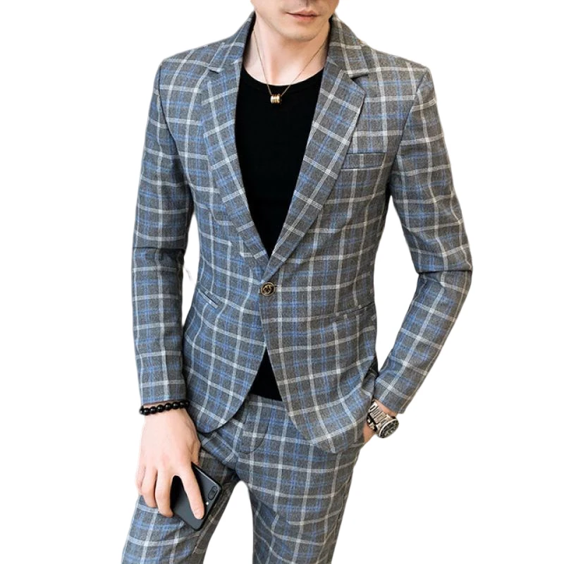 

High quality (suit + trousers) British style overalls casual wedding dress plaid business formal gentleman two-piece suit