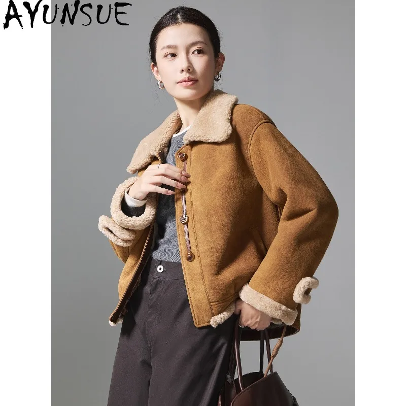 

AYUNSUE Women's Merino Shearling Jackets Fashion Short Lamb Fur Jackets for Woman Winter Warm Casual Coats Woman Clothes Casaco