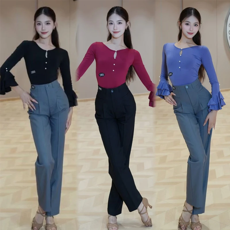 

Женский тренировочный костюм для бальных танцев, женский костюм для танго, латинских танцев, топ с длинными рукавами, современные танцевальные брюки SL15353