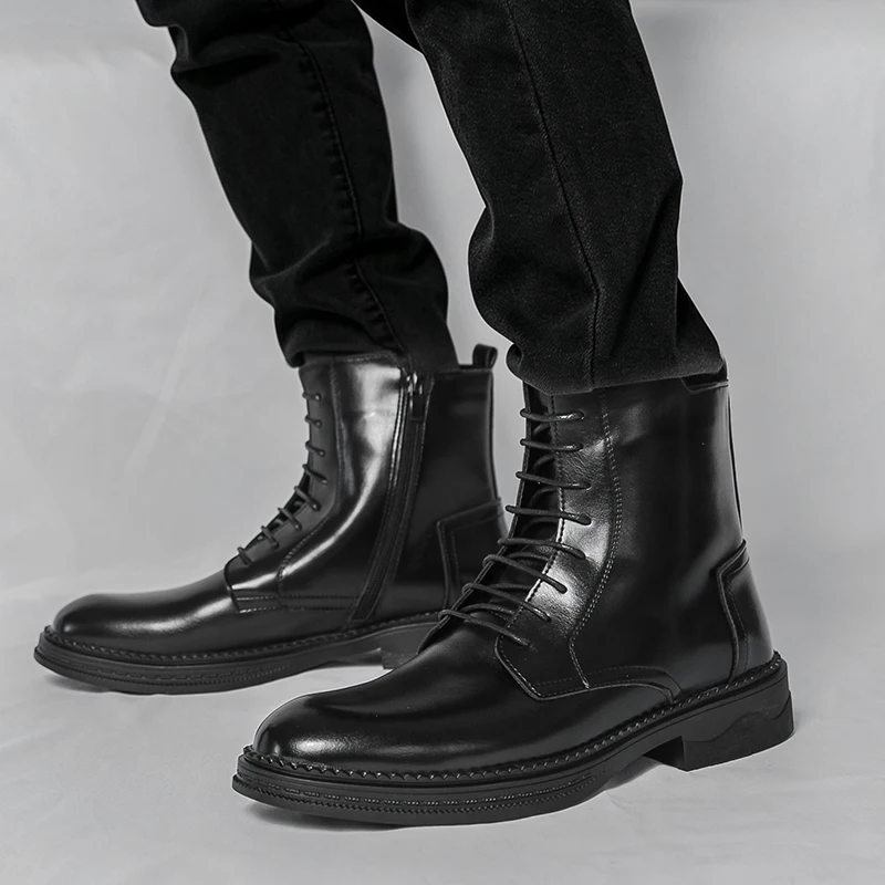 Fashion Brand Men Side Zipper Anti Slip Motorcycle Boots Autumn New Style Men Comfortable Pointed High Top Casual Leather Boots