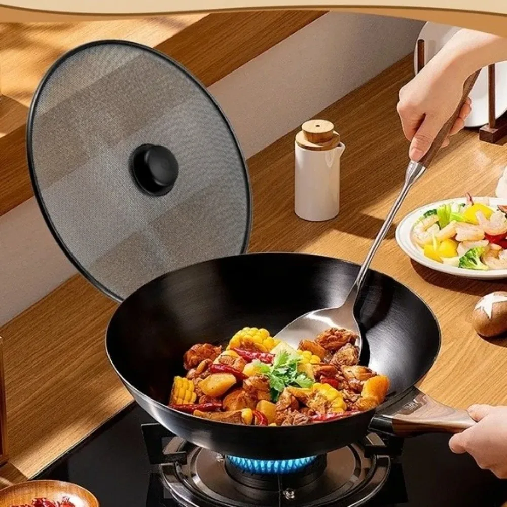 Anti-Splash Splatter Screen With Handle Stainless Steel Oil Splash Guard Fine Mesh Anti Grease Lid Frying Pan Use 4