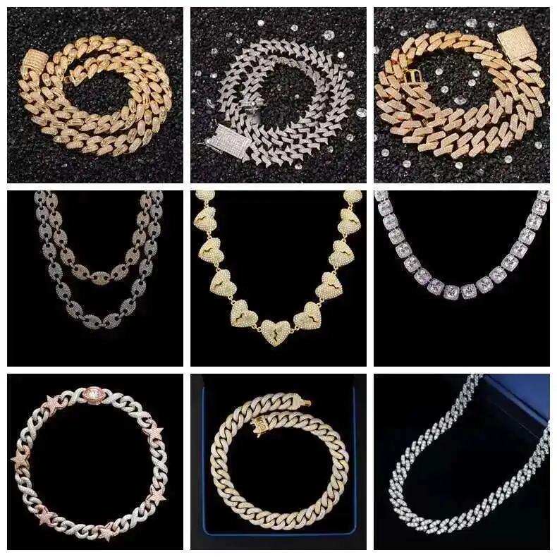 S925 الفضة مطلية بالذهب الهيب هوب نمط نغمتين الكوبية ربط سلسلة عالية الجودة تمرير الماس اختبار مويسانيتي الكوبية قلادة #4