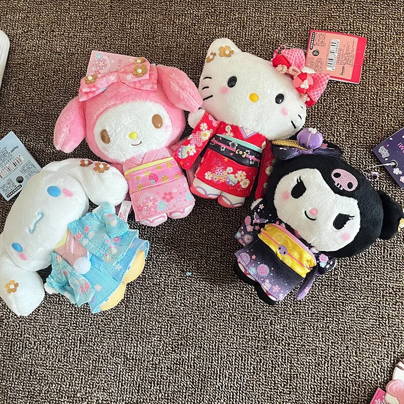 

16cm Sanrios Fireworks Festival Kimono Kuromi My Melody Girls Bag Plush Pendant Doll Cartoon Hello Kitty Key Chain Ornament Gift