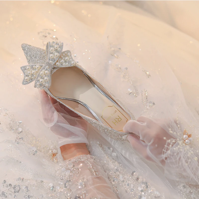 Rimocy Luxury Shiny Crystal Wedding Shoes Women Pearl Bowknot Thin Heels Pumps Woman Shining Pointed Toe High Heel Bridal Shoes