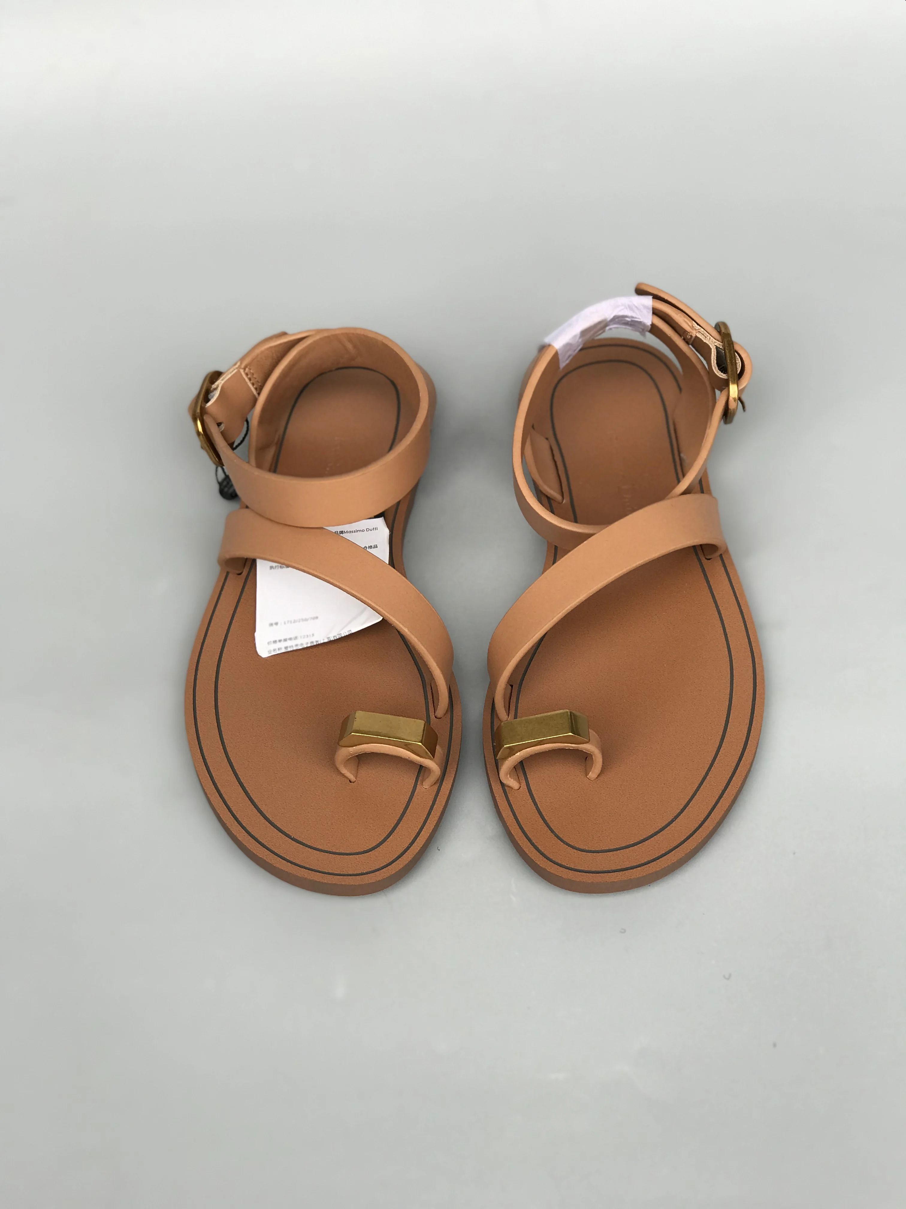 2024 Summer Genuine Leather Ankle Strap Gladiator Sandals For Women Gold Thong Toe Women Flat Sandals Casual Beach Shoes Woman