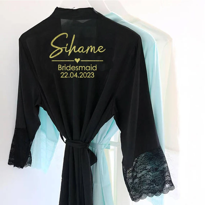 Ropa de dormir Sexy con manga de encaje y nombre personalizado para mujer, Kimono de boda, albornoces de seda para dama de honor