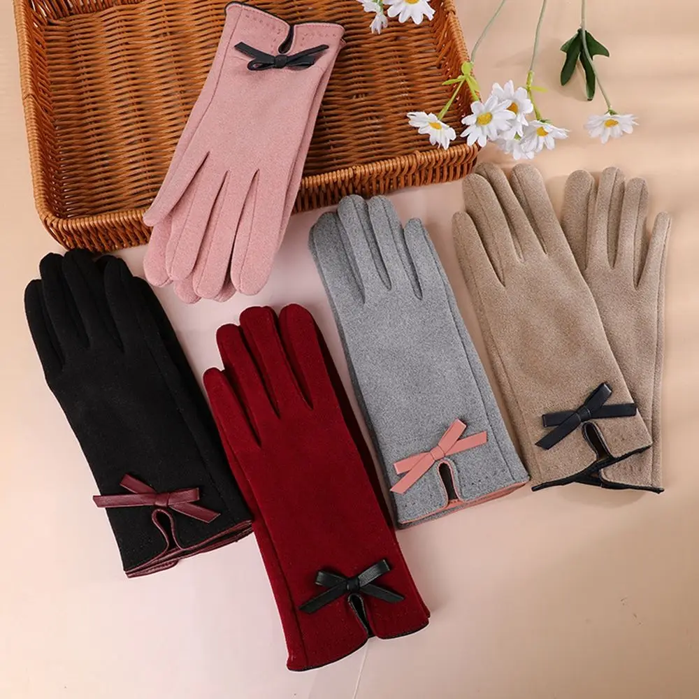 Simple Thick Bow Women Driving Gloves Elastic Female Gloves Suede Leather Mittens Full Finger Gloves Touch Screen Gloves