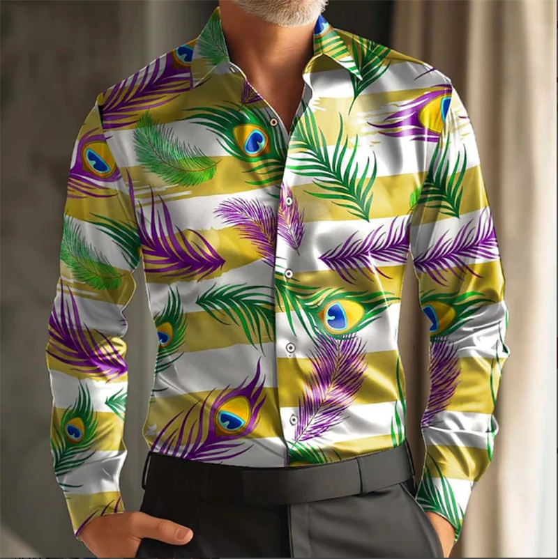 

Новая 11-цветная мужская повседневная рубашка с длинными рукавами и 3D принтом перьев, рубашка на пуговицах, мужская повседневная рубашка с лацканами, топ