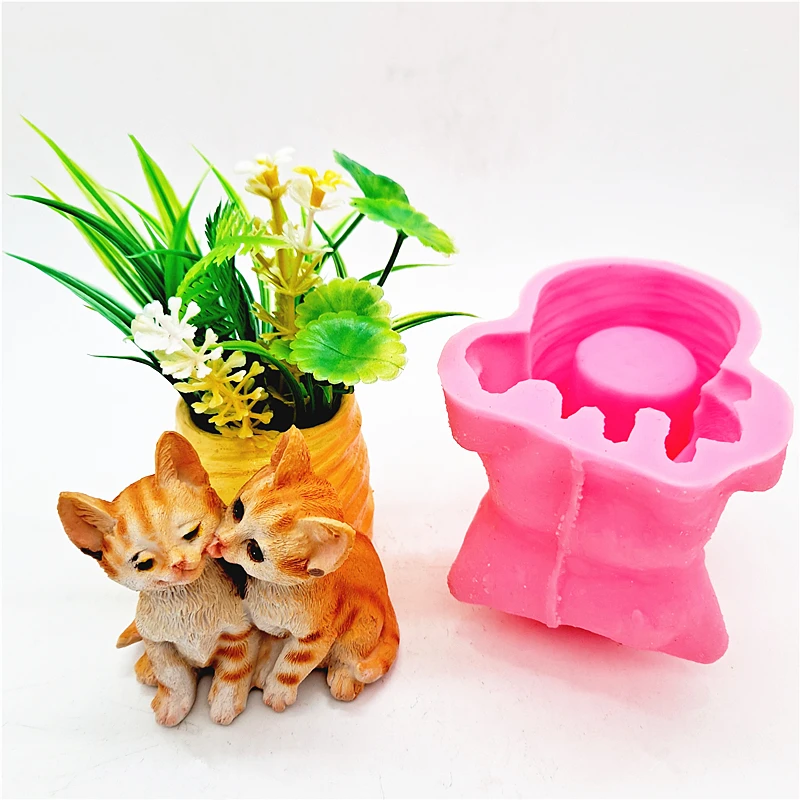 Original! Kissing Kitten Flower Pot Silicone Mold DIY Handmade Resin Gypsum Concrete Crystal Dropper Mold Manufacturing Crafts