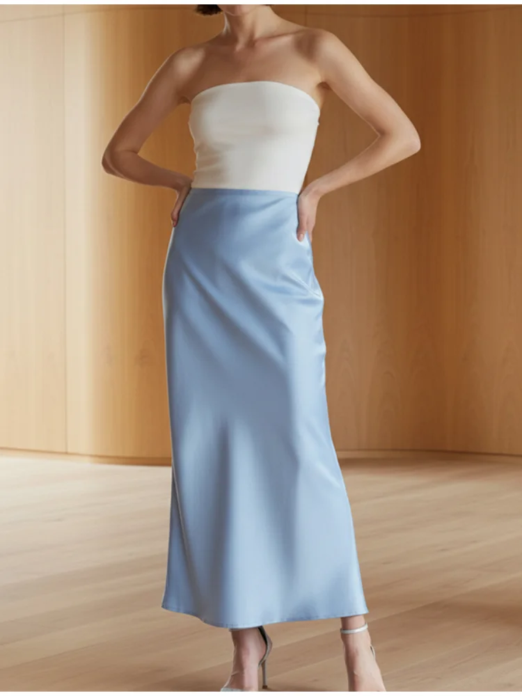 

Solid Elegant Satin Midi Skirt Women Stylish High Waist Zipper Slim Calf-length Fishtail Skirts 2026 Lady Daily Versatile Wear