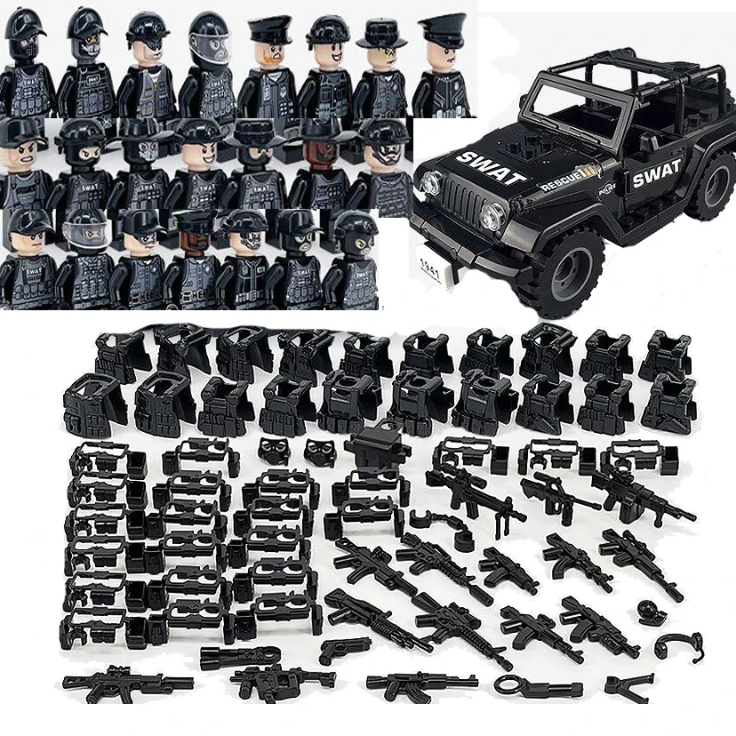 Blocs de construction MOC de Police de ville, soldat d'assaut, figurines SWAT, masque de défense au gaz, armes militaires, briques, jouets pour enfants