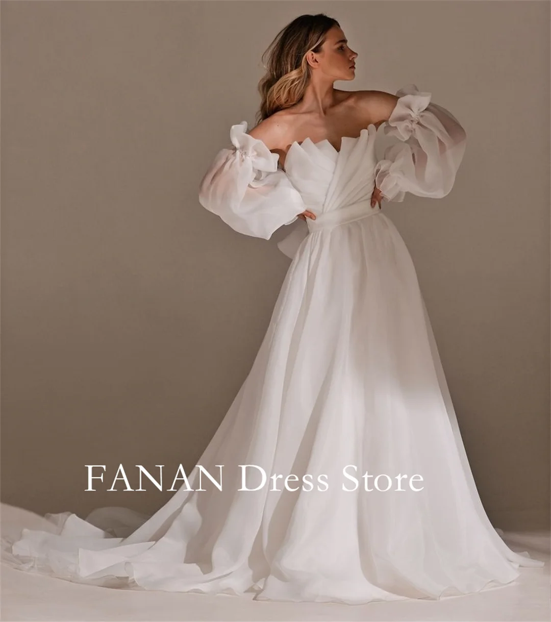 Fanan Diamond White Princess Strapless Organza Puff Sleeves Customized  Wedding Gown Elegant Wedding Dresses without Sleeves