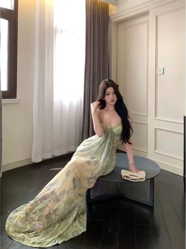Sanya Island Beautiful Beach Print Strapless Dress Women Summer Vacation Beach Green Floral Long Dress Casual Holiday Style