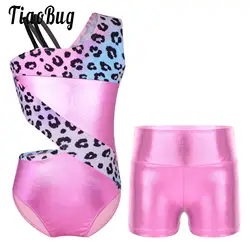 Gymnastics 2 Pcs Outfit for Girls Metallic Splice Tank Leotard Jumpsuit with Sport Shorts Athletic Biketard Set Kids Swimmwear